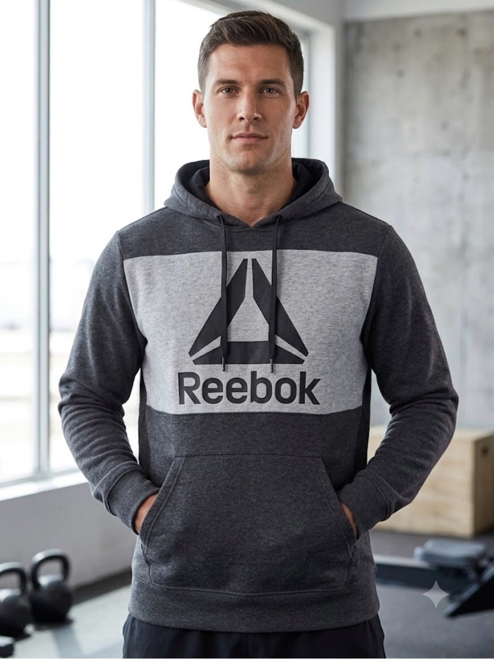 Reebok Men's Charcoal and Light Gray Logo Pullover Hoodie